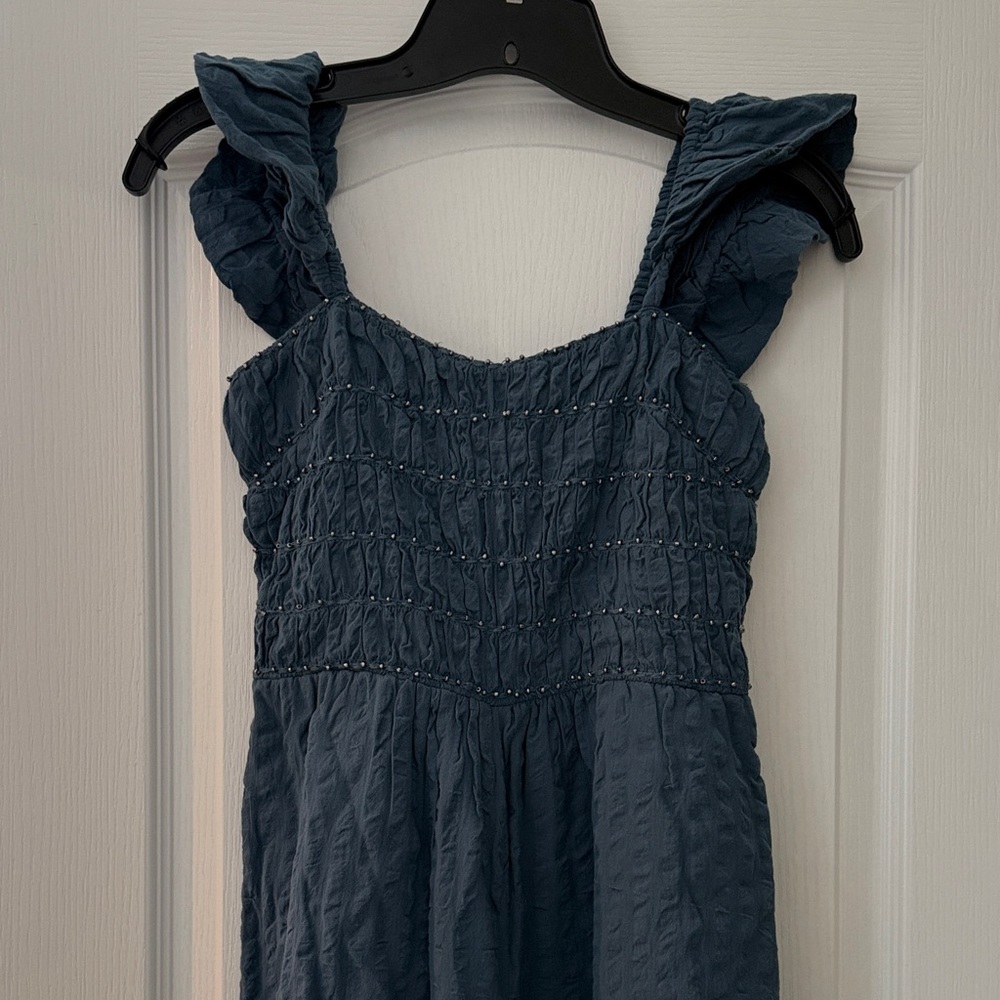 Free People Blue Smocked Jumpsuit with Ruffle Straps